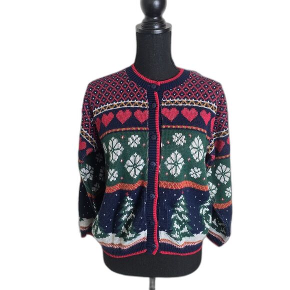 Vintage Sweaters - Christmas Cardigan Women Vintage Medium Hearts Snowflake Fair Isle Button Up USA